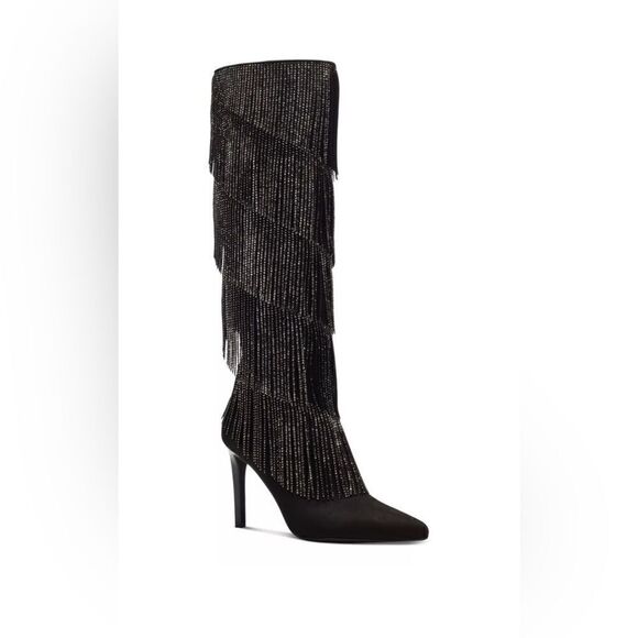 INC Womens Black Embellished Fringed Shyn Pointed Toe Stiletto Boots - Picture 1 of 5